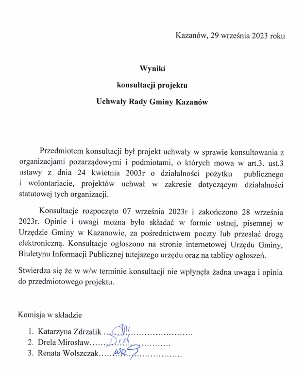 Wynik konsultacji projektu Uchwaly Rady Gminy Kazanow